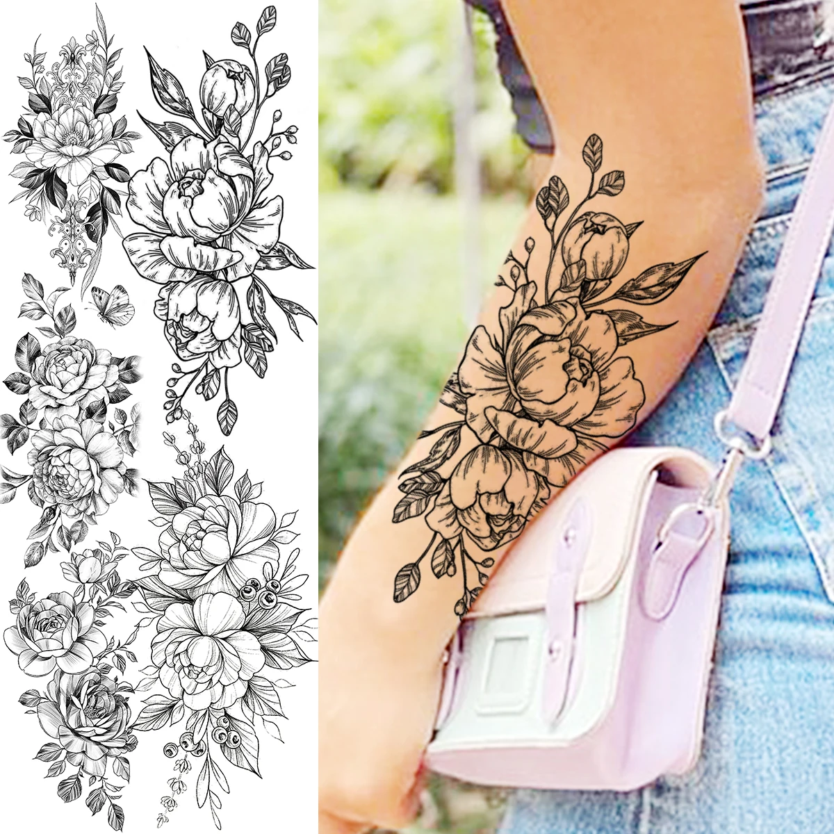 

Black Peony Sexy Forearm Temporary Tattoos For Women Adult Rose Butterfly Fake Tattoo Waterproof Body Art Painting Tatoos Decal