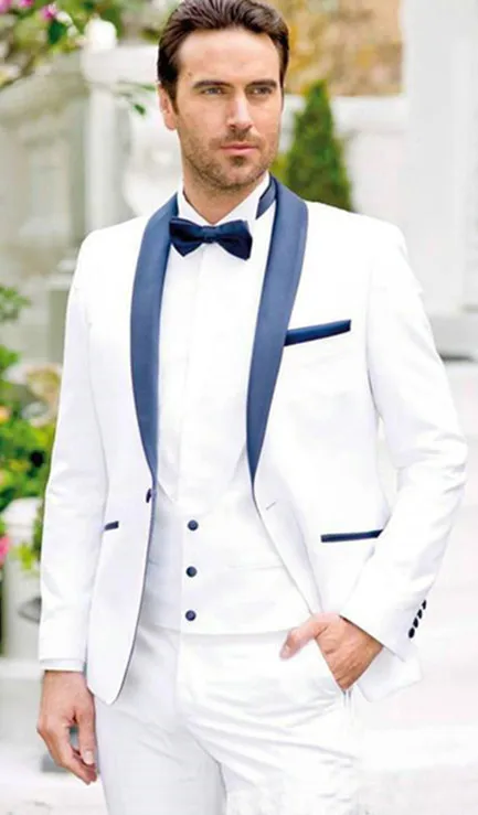 

New white Groom Tuxedos navy blue Shawl Lapel Mens Suit Groomsman Man Wedding Prom Suits Bridegroom Jacket+Pants+Vest