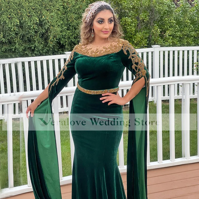 Muslim Green Evening Dresses 2021 Beaded Elegant Mermaid Velour For Arabic Saudi Women Party Prom Wear vestidos de fiesta long prom dresses