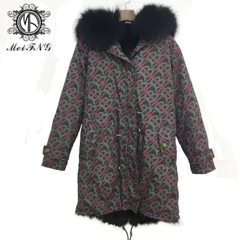 

2019 High-quality Letter Long Parka Black Real Fox Fur Lining Genuine Leather Coat