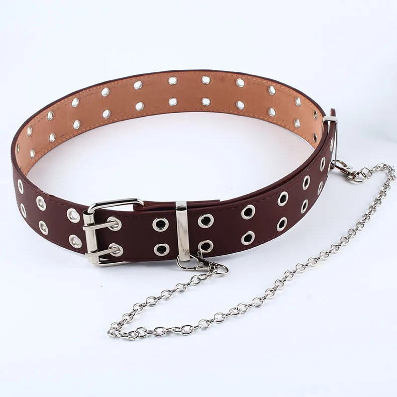 Fashion Women Fashion Rock Punk Chain Fashion Belt Adjustable Black Double/Single Eyelet Grommet Leather Buckle Belt - Цвет: Coffee-double