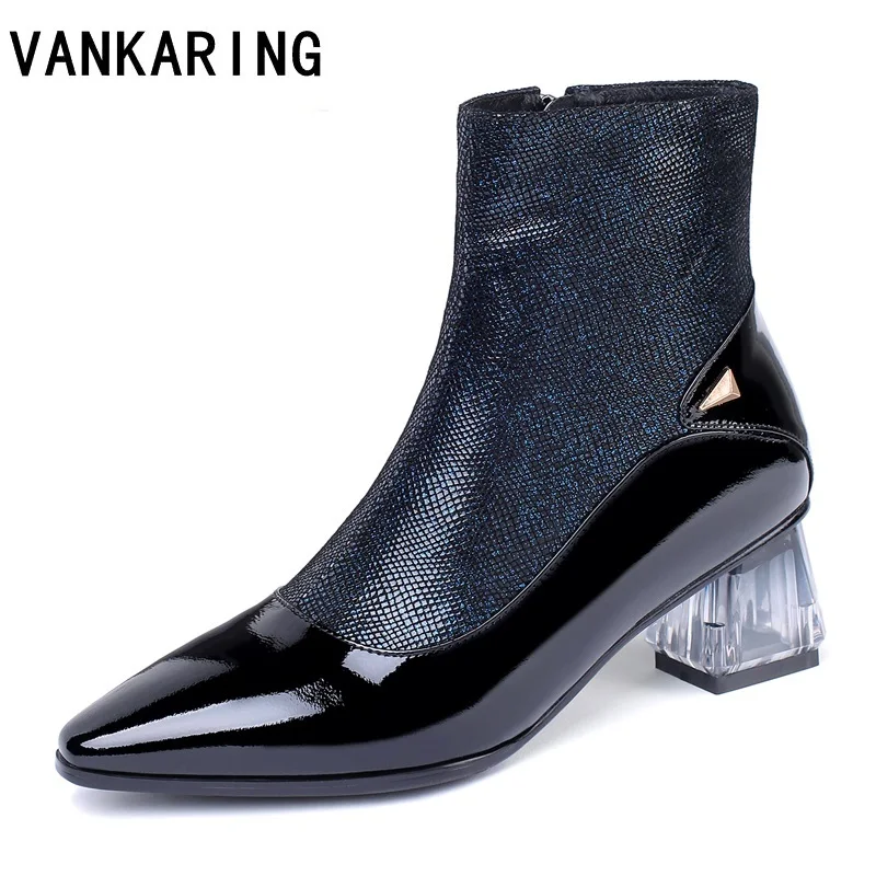 

brand design blue genuine leather cowgirl ankle boots for women thick high heel boots print leather western boots woman big size