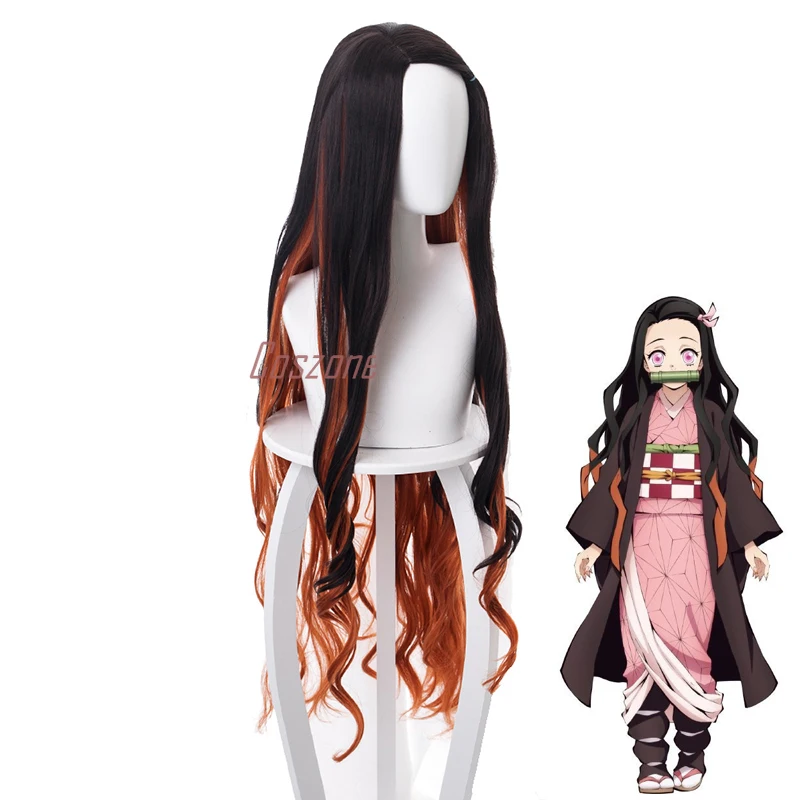 Demon Slayer Kimetsu no Yaiba Kamado Nezuko Косплей Длинные черные желтые кудрявые смешанные