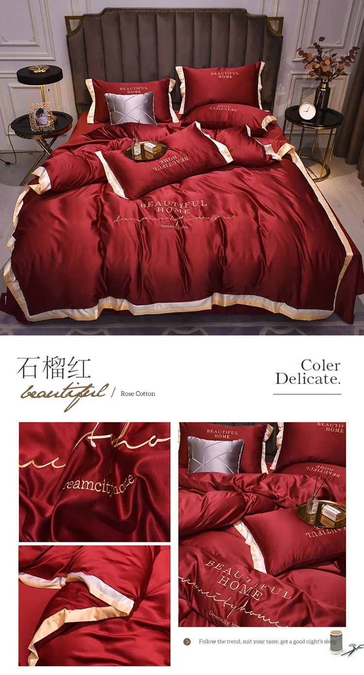 Luxury Bedding Sets Pink Grey White Rayon Embroidery Sheet Quilt Pillowcase Comfortable Soft Fluffy Bedding King Queen 4pcs