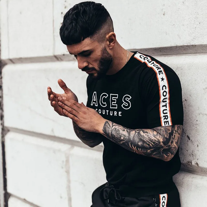 

Summer new men's regular round neck slim printed short-sleeved T-shirt fashion trend fitness sports youth tops gym clothing men