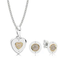925 Sterling Silver 14K gold color Signature Necklace and Earring Set fit charm Necklace jewelry A Set