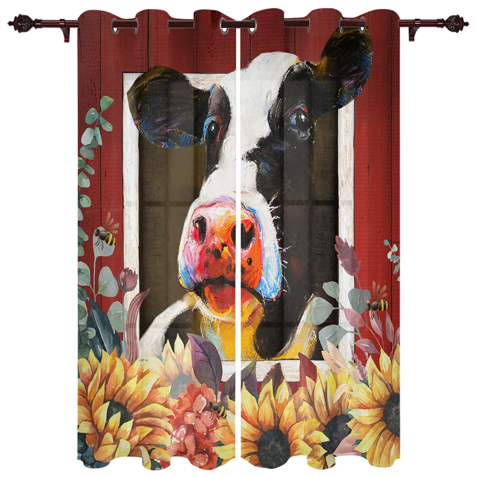 Farm Barn Cow And Sunflower Window Curtains Kitchen Bedroom Decor Christmas Home Draperies for Living Room | Дом и сад