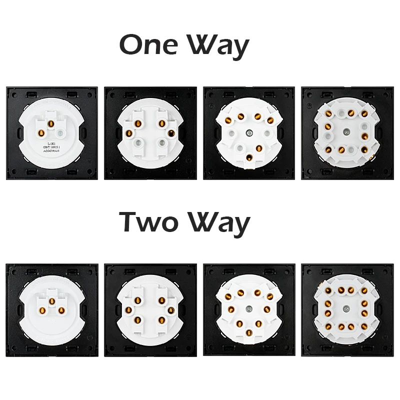 Description Picture 3 of itemUNKAS Grey 1 2 3 4 Gang 1 / 2 Way Random Click On / Off Pass Through Wall Light Switch LED Indicator Gray Crystal Glass Panel