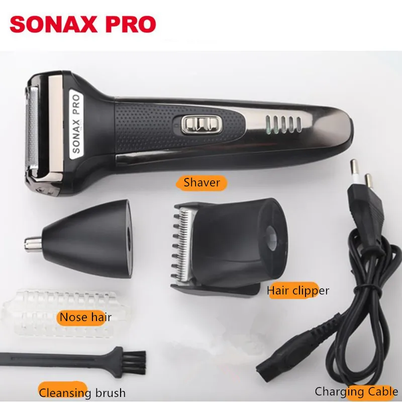 SONAX PRO перезаряжаемая электробритва 3 в 1 для мужчин бритва для бритья бороды возвратно-поступательная Чистка носа бритвенный станок для волос 40#107