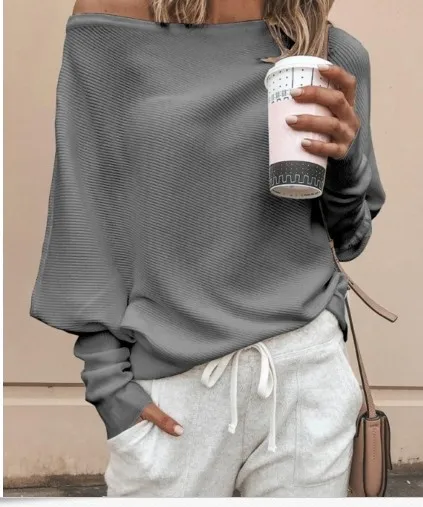 С открытыми плечами Длинные рукава летучая мышь женские футболки ребристые Toyota Yaris хэтчбек футболки топы осень женский пуловер Джемпер - Цвет: gray