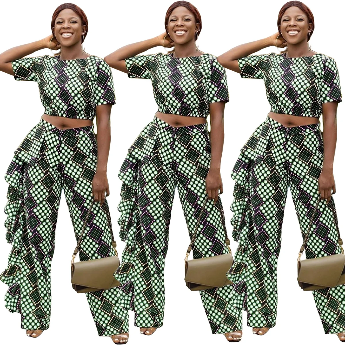 

2019 spot Europe and the United States hot ruffled ladies wave point short-sleeved pants suit short-sleeved plus pants