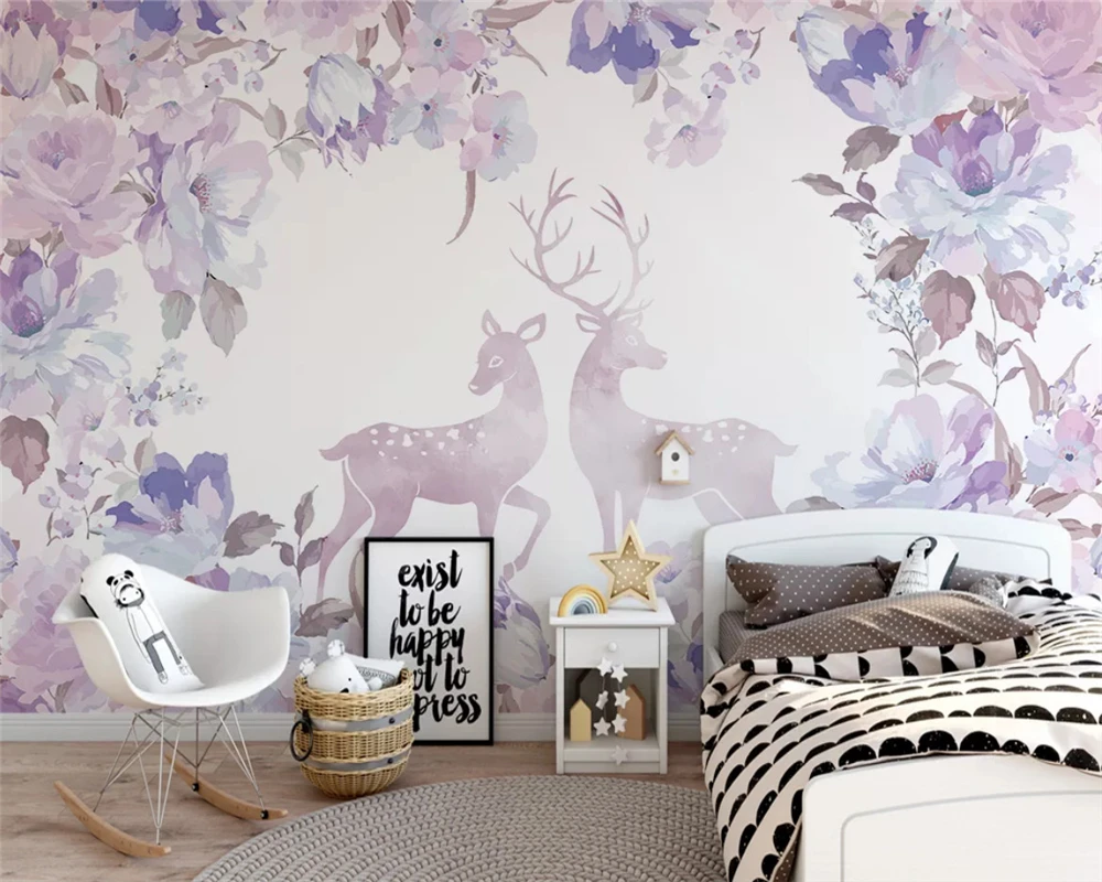 beibehang Custom wallpaper Nordic hand-painted elk flower sofa bedroom TV background papel de parede wall papers home decor |