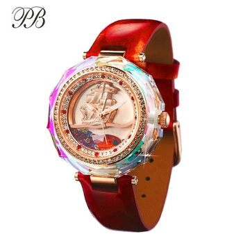 

PB Ladies Crystal Fish Watch Flow Sand Sailboat Women Watches Waterproof Leather Strap Quartz Relogio Feminino