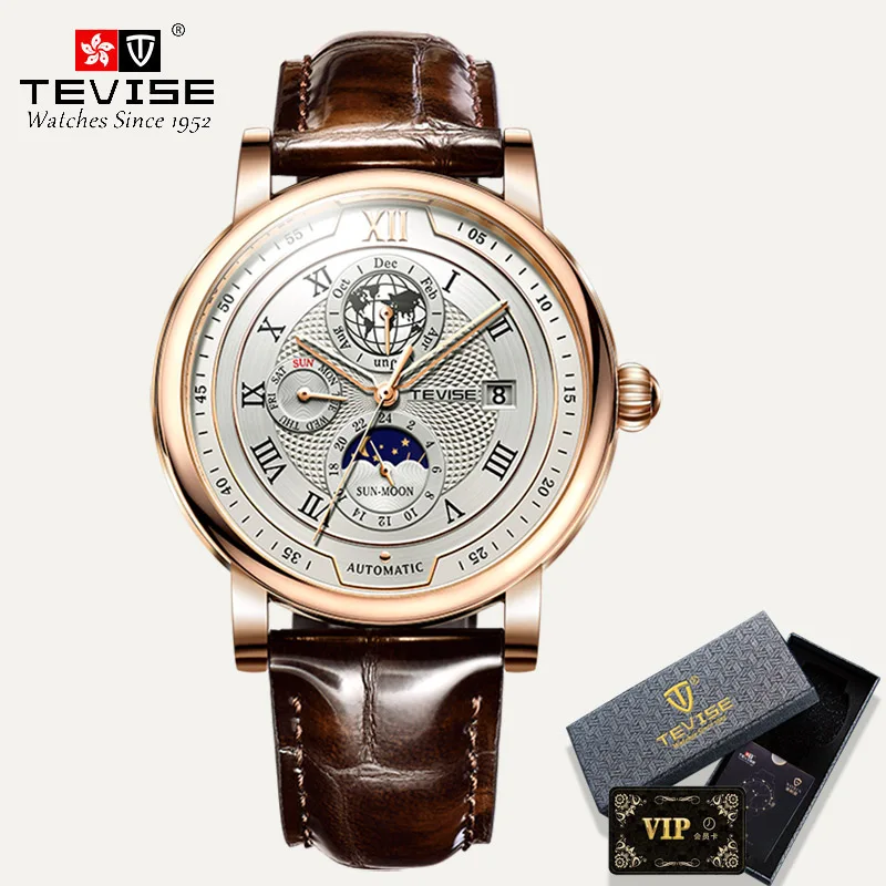 2021 New TEVISE Mens Mechanical Watches Top Brand Luxury Leather Moon Phase Automatic Watch Men Fashion Sport Waterproof Clock 