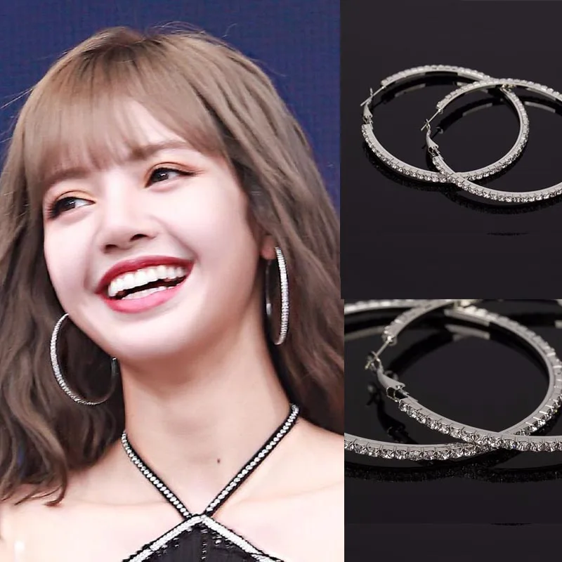 

Blackpink lisa Same Style paragraph Crystal Rhinestone Hoop Ear rings Classic Full Rhinestone Circle Women Jewelry Round Trendy
