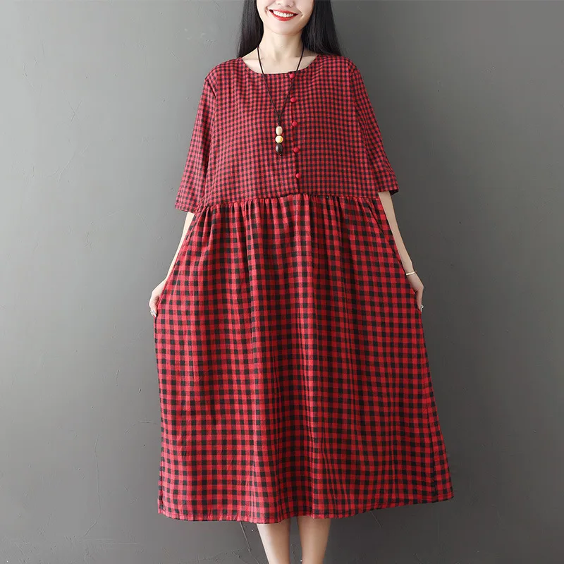 

2019 Photo Shoot New Style Cotton Linen Women's MORI Series Plaid Literature And Art Large Size Mid-length Loose-Fit Half-sleeve