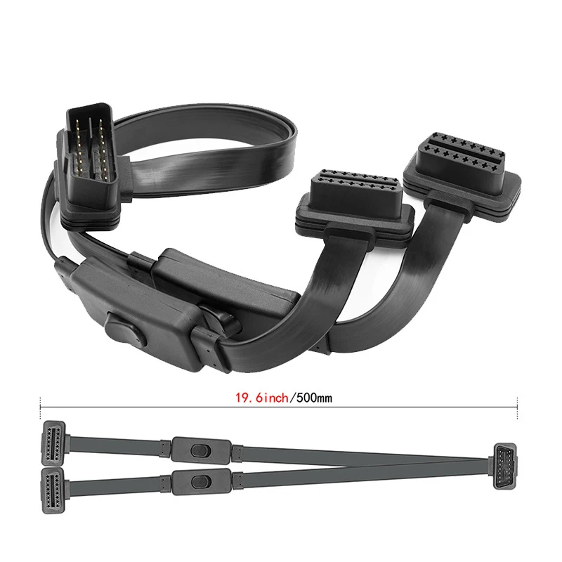 1 IN 2 Converted Flat Male to Dual Female Elbow 16Pin OBD Splitter Extension Cable OBD2 Cable With Switch On Off