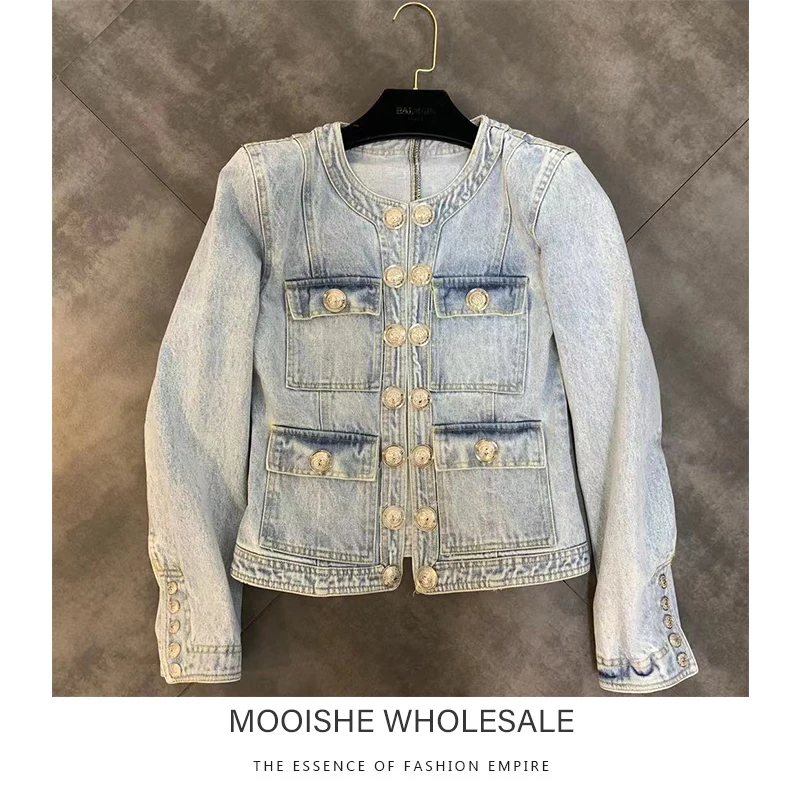 

2019 Early Autumn New Round Neck Shoulder Sleeve Pocket Button Decorative Washed Denim Jacket