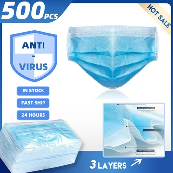 

500 pcs Anti-virus Disposable Anti Dust Mask Daily Protective Mask Anti Fog Dust-proof Non-woven Melt Blown Three-layer Masks