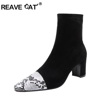 

REAVE CAT Women Fashion Ankle Boots Pointed Toe Square Heel Flock Slip-on Snake-Print Leopard-print Silver-print Big Size 40-43