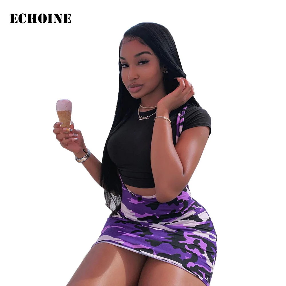 Echoine фиолетовый камуфляжное платье комплекты из 2 предметов; короткий рукав Топ и мини-юбка Облегающее, пикантное, для вечеринки одежда Повседневное уличная