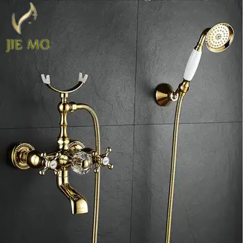 

Free Shipping Luxury 3 Style Gold Color Bath Tub Faucet with Handheld Shower Head Faucet Mixer Tap exposed shower sets