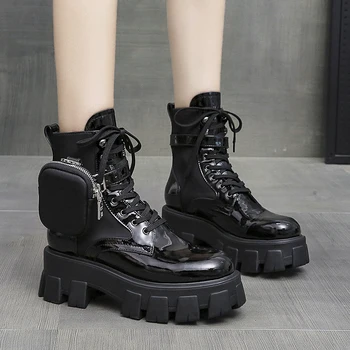 

Thick New Sole Black Martin Boots Women Platform Ankle Boots Packet Decoration Women Wear Resistant Motorcycle Shoes Footwear