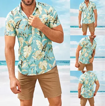

Fashion Summer Blouse Man Summer T Shirt Men Fashion Stand Collar Print Short Sleeve Shirt Beach Top camicia hawaiana uomo