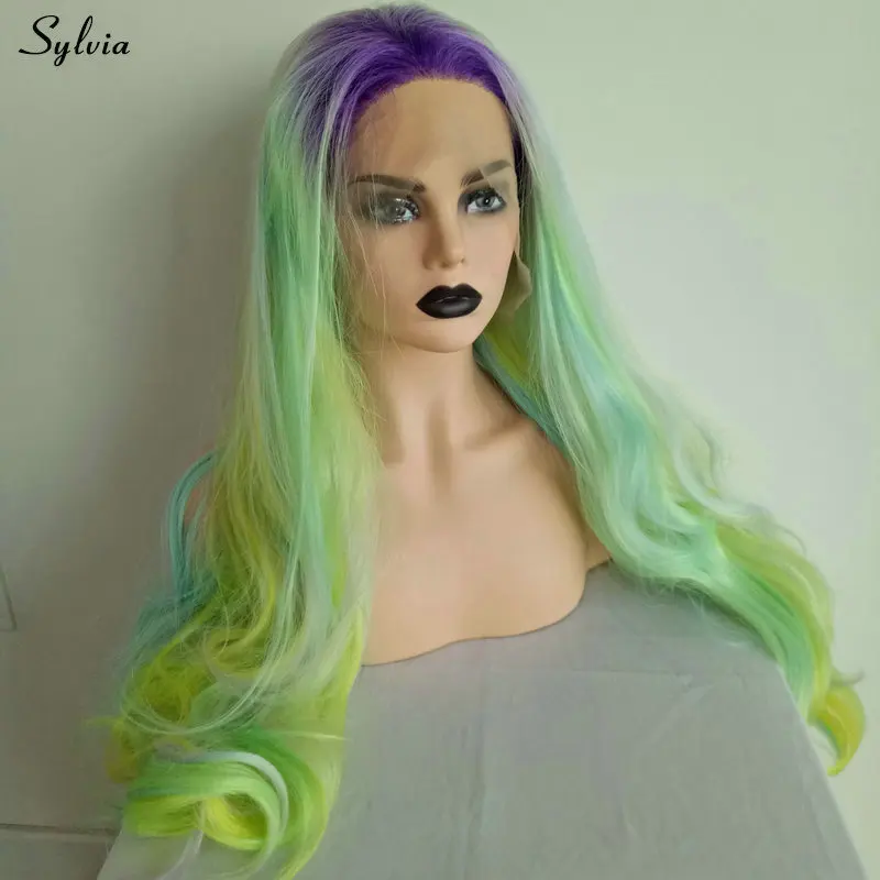 Sylvia радужные парики для женщин фиолетовые корни для пастельных зеленых желтых зеленых стриков смешанные парики русалки волнистые синтетические парики на шнурках спереди
