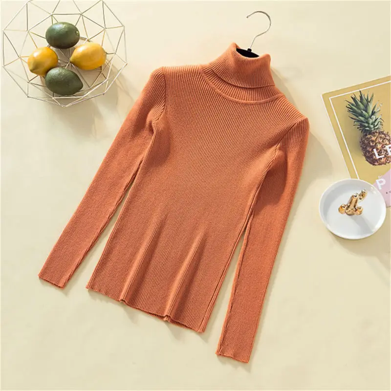 

Korea Autumn Winter chic Half Turtleneck Elastic Pullovers Sweaters Women Orange Knitted Sweater Female Bottoming Soft Jumper
