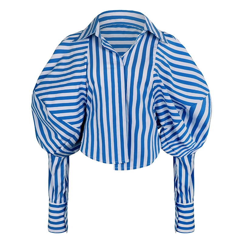 Синий YEAR New Palace Puff Sleeves Women Blouse Striped Asymmetrical Casual Lady Shirt Clothes FOR Street - Цвет: Синий