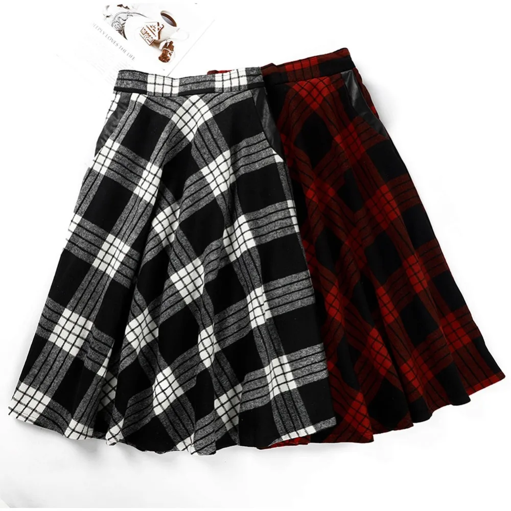 High Waist A Line Women Long Skirt Plus Size 4XL England Plaid Woolen Ladies Skirts Woolen Pleated Tartan Female Bottom