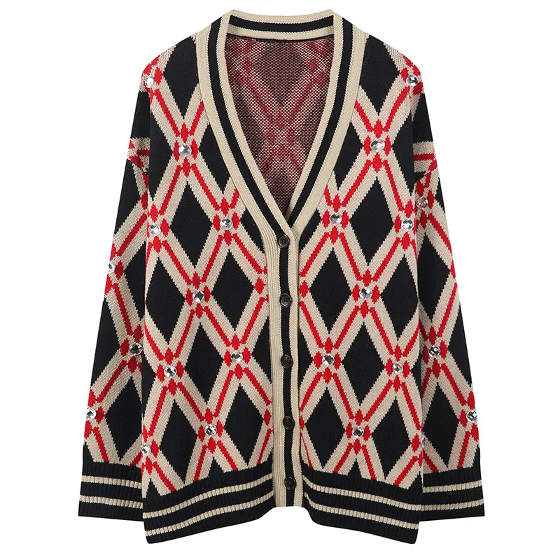 ^Cheap Women Cardigan Plus Size Color Block Striped Sweater Coat V-Neck Lingge Beading Knitted Top Button Long Sleeve Outwear Vintage