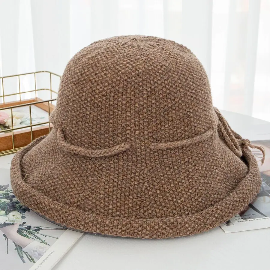 Осенне-зимняя женская шапка, модная шерстяная вязаная шапка с бантом, однотонная теплая женская панама с широкими полями, Панама, шапка для рыбака