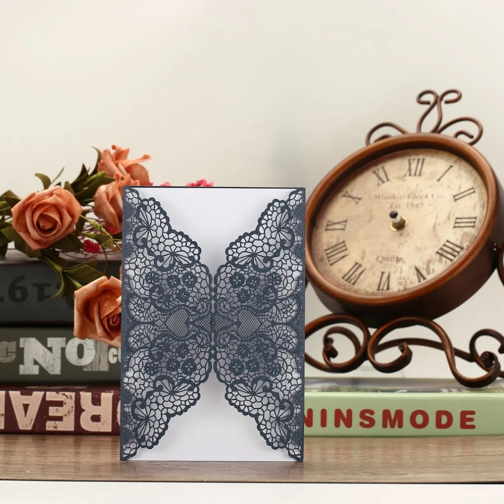  10 pcs Foldable Invitation Card Cover Exquisite Hollow Out Bride Groom Printing Cover for Wedding P - 4.00027E+12