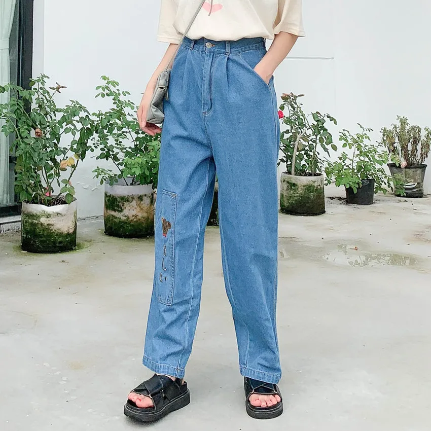 Winter High Waist Woman Denim Pants Soft Girl Cute Bear Harajuku Female Trousers Kawaii Cartoon Jeans Wide Leg Harem Pants