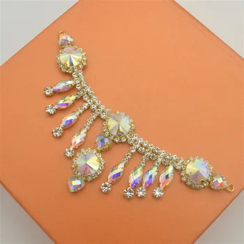 

2pcs AB Glass Resin Rhinestone Gold Flower Applique Chain Crystals Rhinestones Applique For DIY Evening Dress