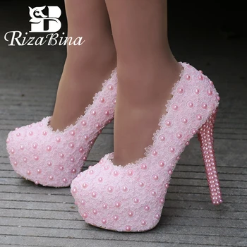 

RIZABINA High Heel Women Pumps Round Toe Fashion Platform Shoes Women Lace Slip On Party Wedding Footwear Size 34-41