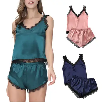 

Women V Neck Sleeveless Lace Patchwork Pajamas Set Camisole Shorts Sleepwear roupas de dormir feminina красивое женское белье