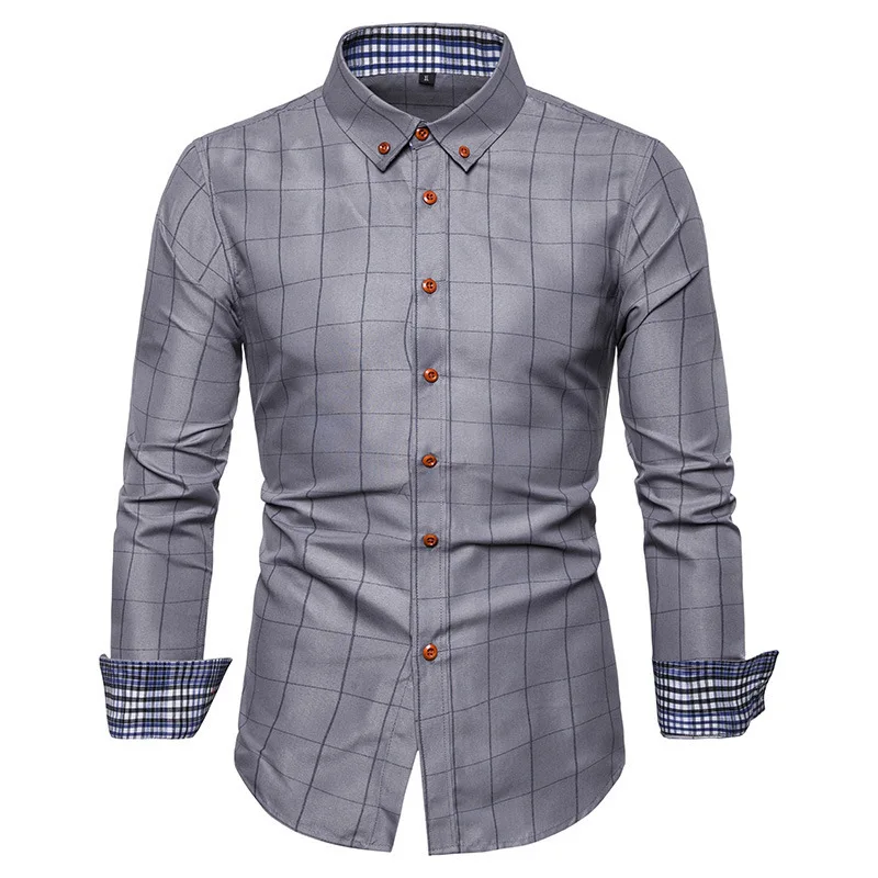 Серый Мужские рубашки Camisa Masculina, Стандартная посадка, Клетчатая Мужская рубашка с длинным рукавом размера плюс M-5XL - Цвет: Серый