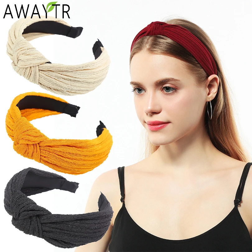 

AWAYTR Retro Solid Women Hair Hoop Wide Knotted Headband Stripe Head Hoop Bands Elastic Hairbands Girl Hair Accessories Headdres