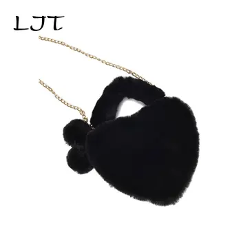 

LJT Solid Color Love Heart Clutch Bag For Women 2019 Plush Fur Handbag Tote Korean Woman Chain Crossbody Bags Girls Gift Purse