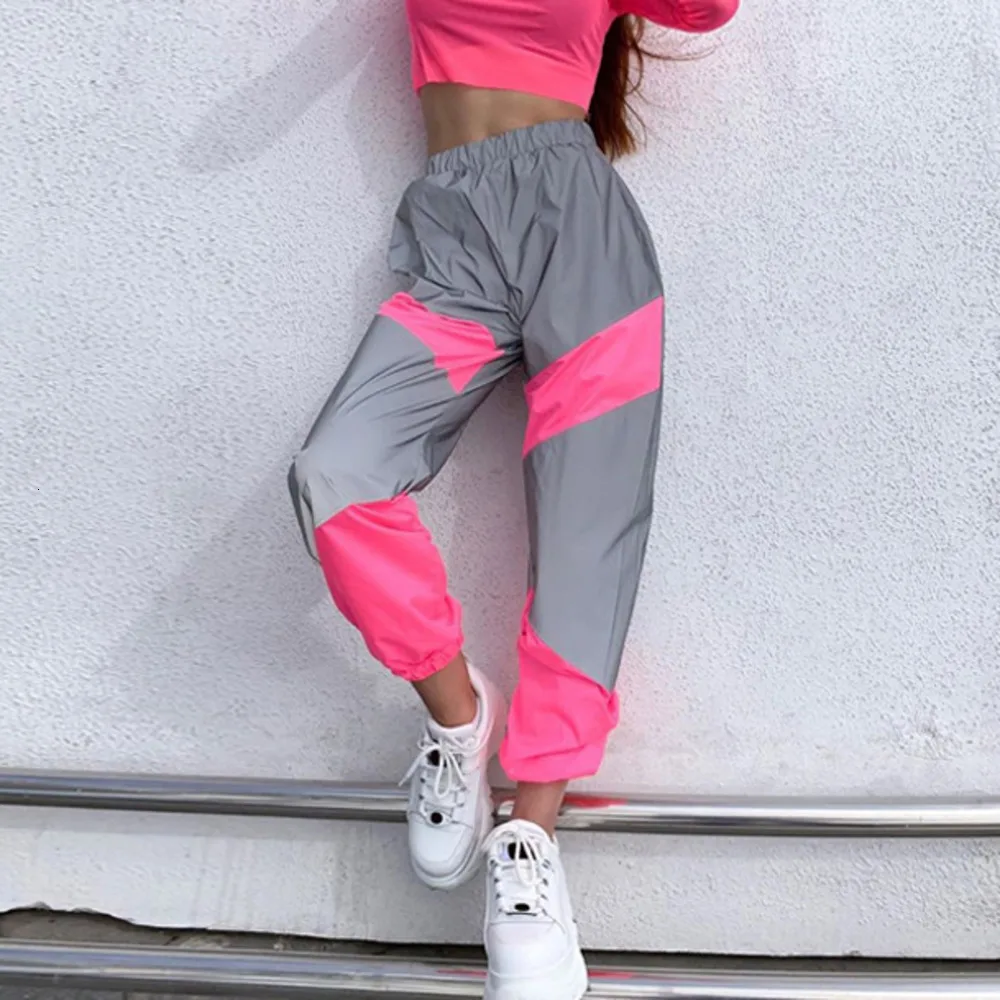 Reflective Loose Harem Women Fashion Pink Patchwork Sweatpants Hip Hop Pants Harajuku Female Loose Dancing Trousers Plus Size
