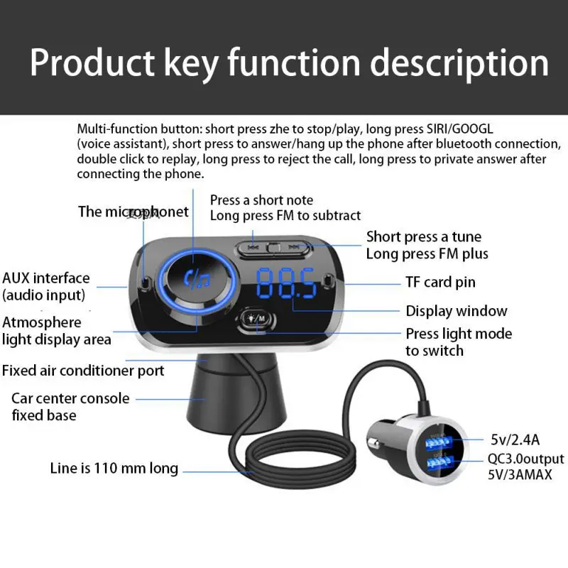 Balight 1 шт. Handsfree Smart Bluetooth 5,0 автомобильный комплект динамик двойной fm-трансмиттер с USB атмосферным светом mp3-плеер Быстрая зарядка