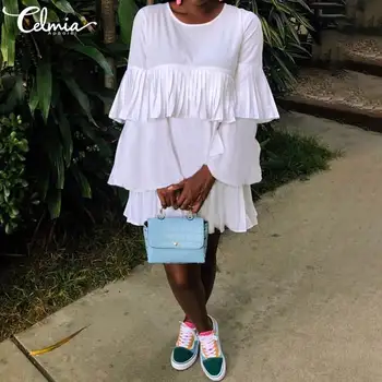 

Celmia Ruffled Dress Solid Elegant Party Mini Dress Women Sweet Celmia Lady O-neck Long Sleeve Pleated Summer Casual Sundress