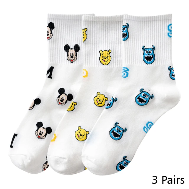 8 Pairs Disney Cartoon Socks Cute Mickey Minnie Daisy Donald Winnie Piglet Print White Funny Harajuku Fashion Kawaii Girl Sock HD011