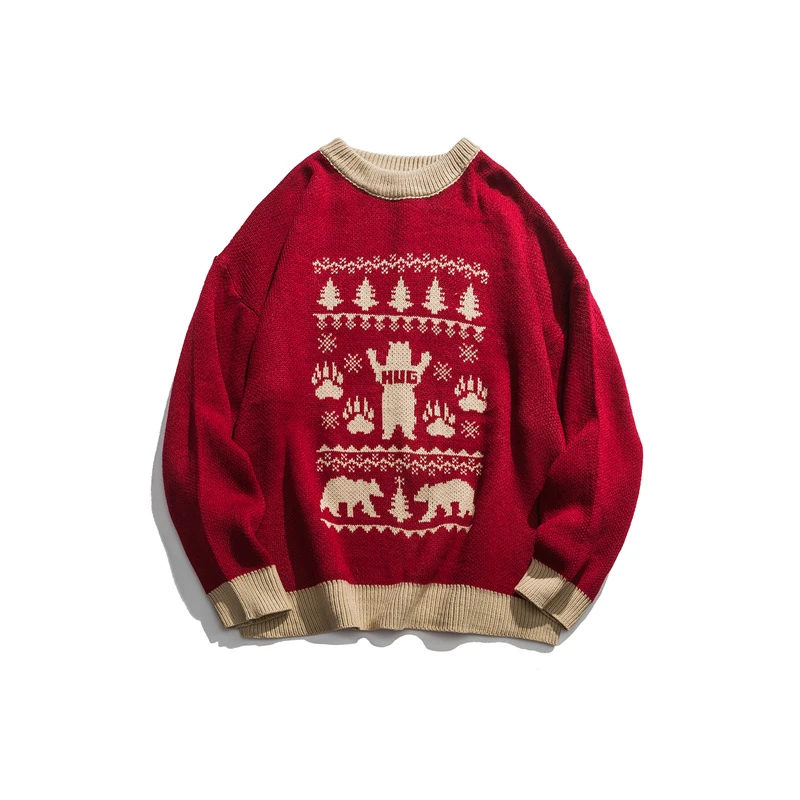Забавные вязаные одинаковые Рождественские свитера для пар, мужчин и женщин, медведь, обнимает одинаковое уродливое Рождество, пуловер, джемперы, большие размеры - Цвет: Red