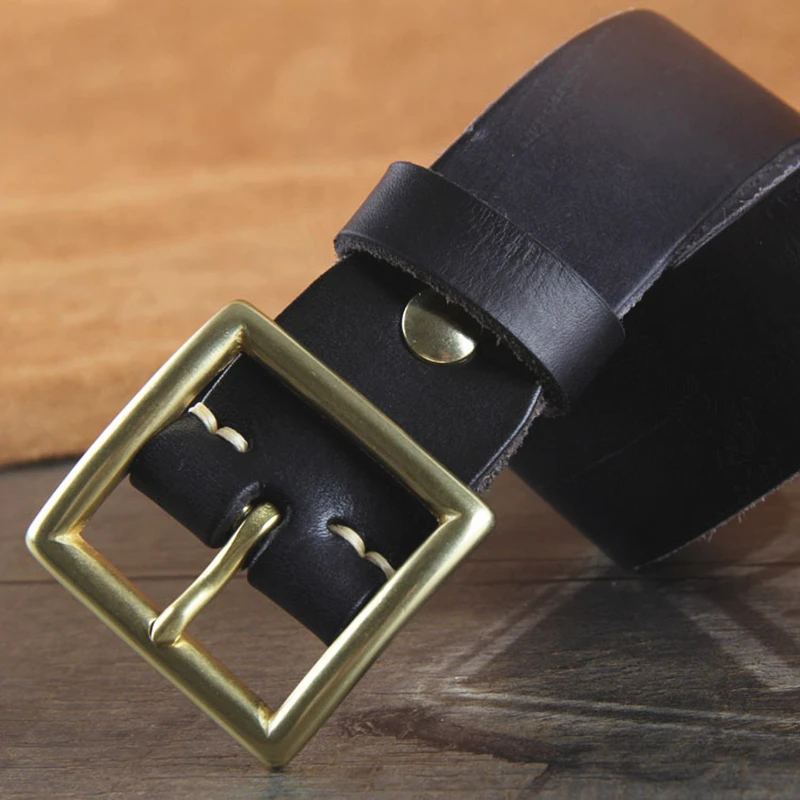Men's 3.8cm Square Head Pure Copper Buckle Belt Cowhide Casual Pin Buckle Personality Luxury Leather Jeans Belt Brown Black