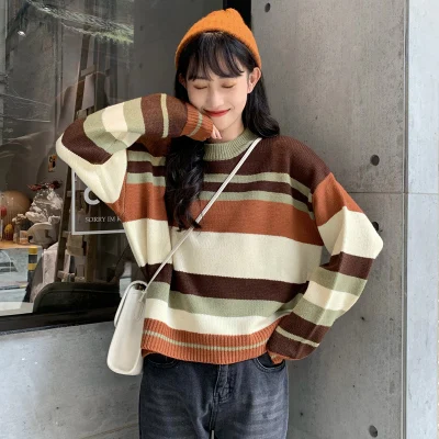 Шикарный милый ретро полосатый свободный свитер женские свитера японский Kawaii Ulzzang женский корейский Harajuku одежда для женщин - Цвет: brown