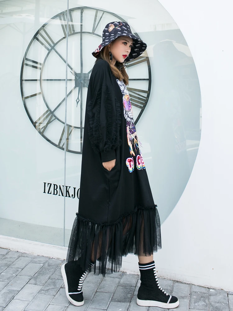 QING MO Autumn Winter Sweatshirt Dress Women Cat Animal Pattern Sequin Dress Patchwork Women Black Tassel Dress ZQY1330